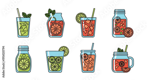 Colorful cocktail drinks with citrus fruits and mint leaves in glasses.