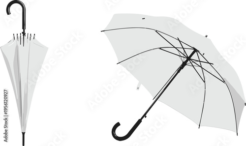 Transparent umbrella in open and closed positions, realistic rain protection accessory isolated weather equipment vector illustration design