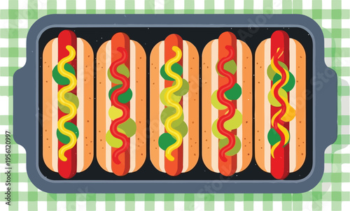 Top View Illustration of Five Grilled Hot Dogs on a Tray with Mustard and Relish