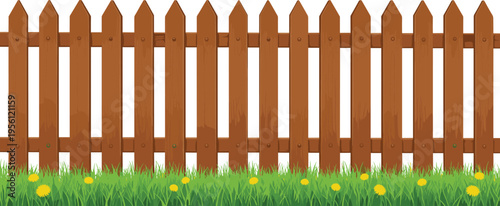 Wooden picket fence with green grass and flowers, rustic garden barrier isolated outdoor landscape vector illustration design
