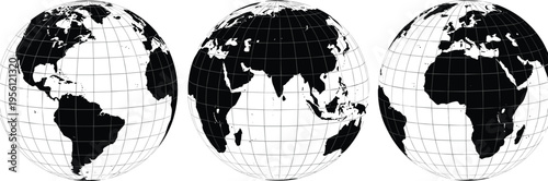 World globe set with continents and grid lines, black and white earth maps in different views isolated vector illustration