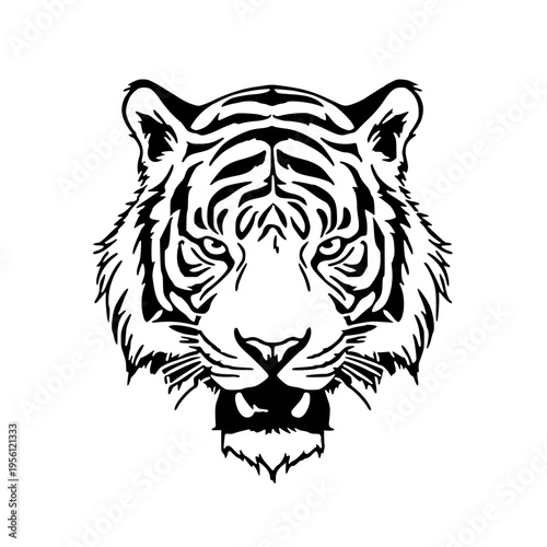 A black and white illustration of a tiger's head