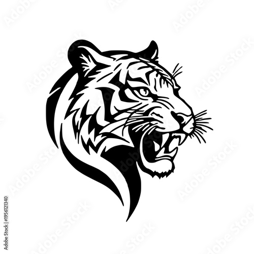 A black and white illustration of a tiger's head