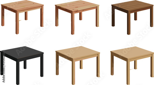 Wooden tables set in different styles and colors, modern furniture collection for home interior isolated vector illustration