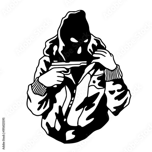 A person wearing a ski mask and a jacket