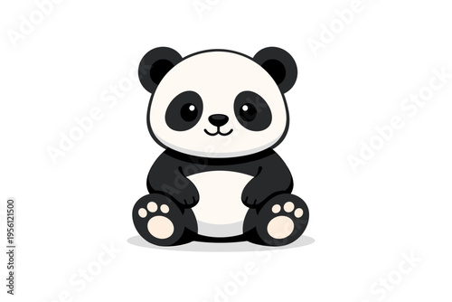 Cute cartoon illustration of a happy baby panda sitting and looking forward, isolated on white background, adorable animal character