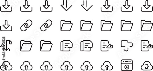 set of icons for web design. Search set of web icons in line style. Magnifying glass linear icon collection. Containing SEO, Digital marketing, data analysis, management, investigate, find and more.