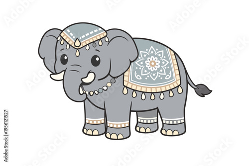 Charming Indian Elephant Illustration adorned with Traditional Ornate Patterns and Accessories