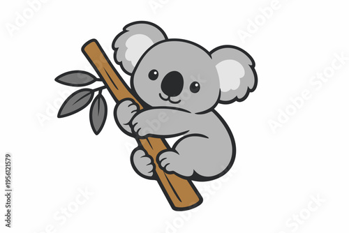 Cute cartoon koala clinging to a tree branch, adorable marsupial illustration