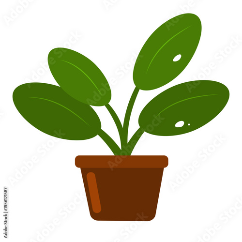 Flat vector of a simple potted plant with clean leaves and clay pot. Suitable for eco-branding, app icons, UI design, and modern decoration.