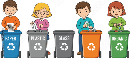 Children sorting waste into recycling bins, kids separating paper plastic glass and organic trash isolated vector illustration