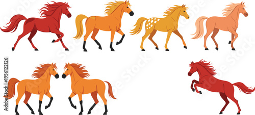 Collection of running horses in different poses, colorful wild stallions galloping and standing isolated vector illustration set
