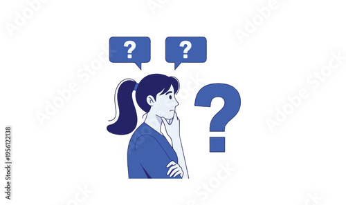 A woman with question marks indicating confusion or uncertainty