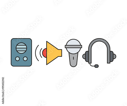 loudspeaker, megaphone, mic and headphone icons set illustration vector