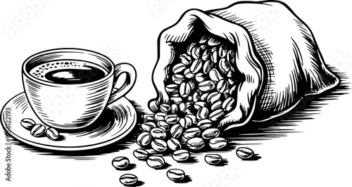 Black and white of a cup of coffee and a burlap sack overflowing with coffee beans