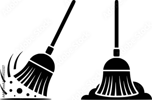 Black silhouette of a broom sweeping dust and a mop cleaning a floor