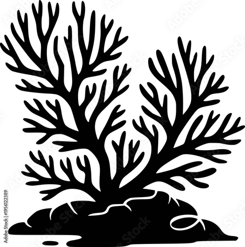 Black silhouette of branching coral reef structure white background ocean underwater