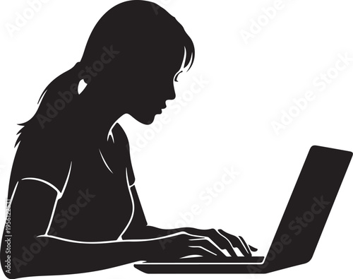 Black silhouette of woman working on laptop vector