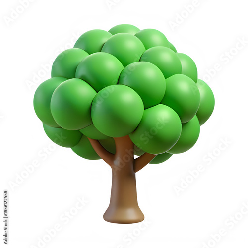 A stylized 3d render of a vibrant green tree with a smooth rounded canopy and a brown tree trunk isolated on transparent background