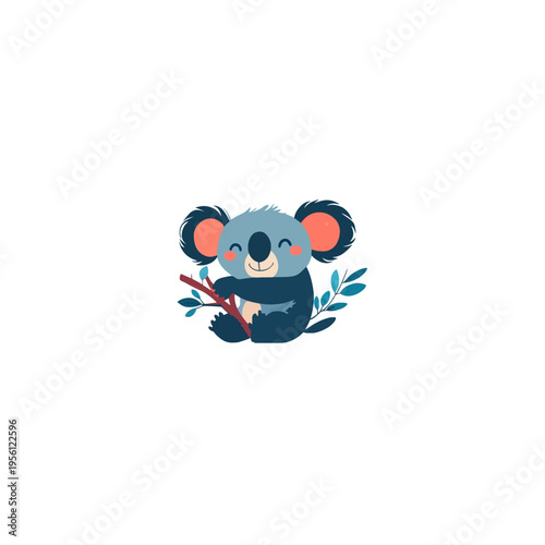 Cute cartoon koala bear sitting on eucalyptus branch, smiling happily Adorable Australian marsupial illustration for childrens books, nature, and wildlife themes Concept of joy and innocence