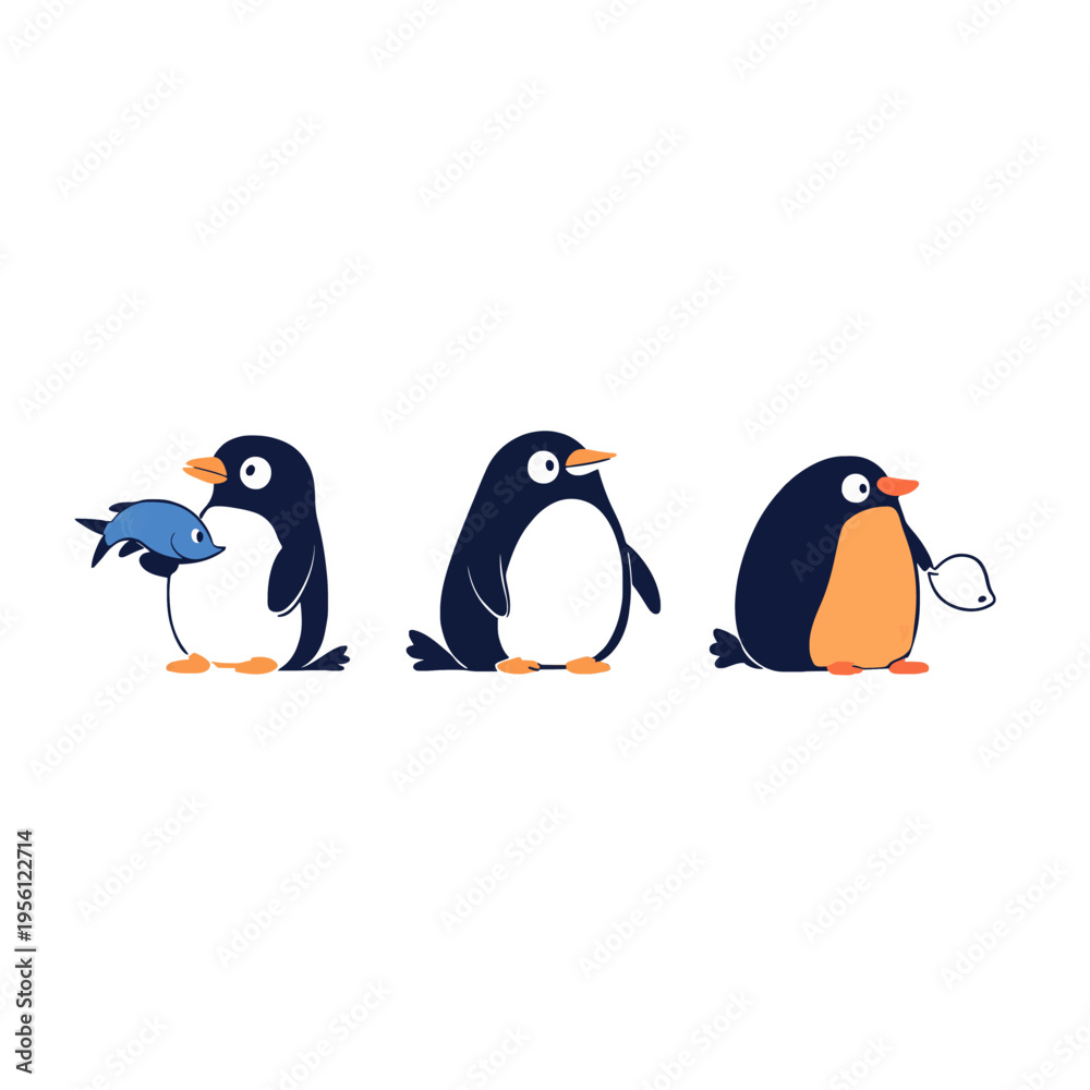 Obraz premium Three cute cartoon penguins, one holding a fish, one looking curious, one with a speech bubble Concept of wildlife, food, communication, and Antarctic animals