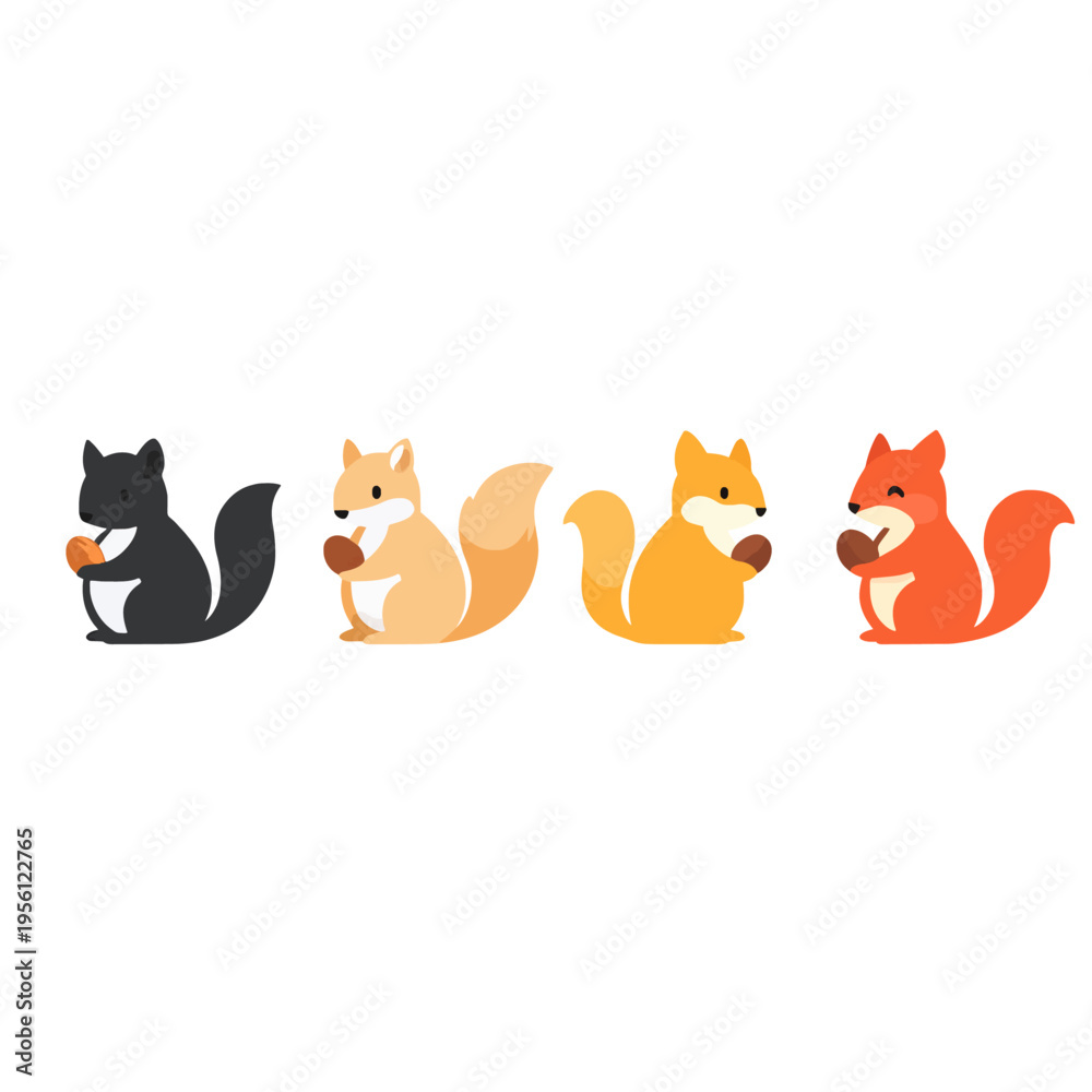 Fototapeta premium Four cartoon squirrels in different colors holding nuts, representing diversity and autumn Cute animal characters in a row, isolated on white background Concept of nature, food, and friendship