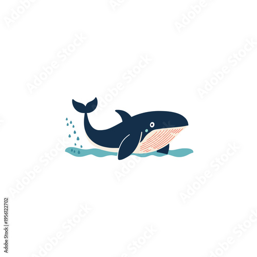 Cute cartoon whale spouting water in ocean waves, playful marine mammal illustration, concept of ocean life, summer, and adventure
