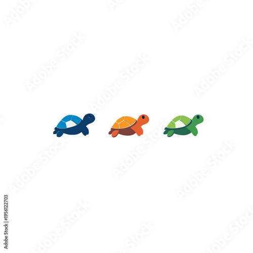 Three cartoon turtles, blue, orange, and green, walking in a line on a white background Concept of diversity, progression, and individuality