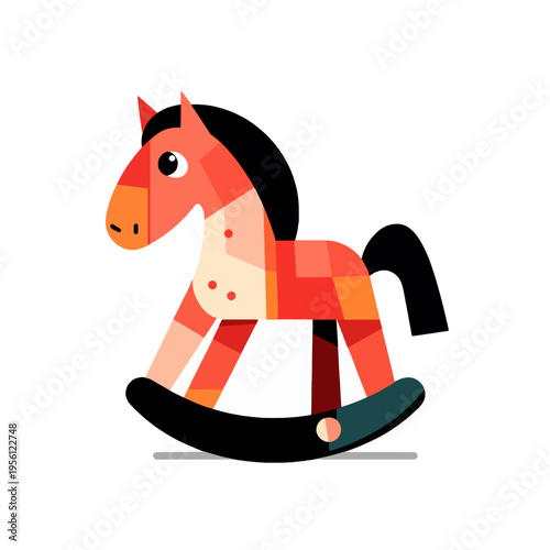 Red rocking horse toy with black mane and tail, on black rockers, isolated on white background Geometric, modern, stylized, playful, childhood, vintage, classic, simple, graphic, illustration