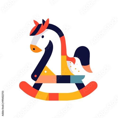 Colorful rocking horse toy with geometric shapes, abstract illustration of childhood fun and play Modern, stylized, and vibrant design for kids room decor or graphic elements