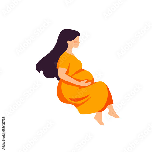 Pregnant woman holding belly in orange dress, serene expectant mother, concept of new life, motherhood, and anticipation