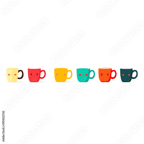 Six colorful cartoon mugs with cute faces smiling and looking happy, arranged in a row on a white background Concept of friendship, diversity, and joy