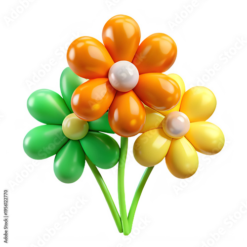A vibrant 3d rendered bouquet featuring three glossy flowers in orange green and yellow colors isolated on transparent background