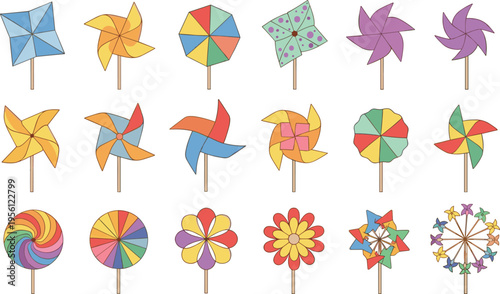 Colorful pinwheel toys collection with various shapes and patterns, playful spinning windmills isolated kids vector illustration set