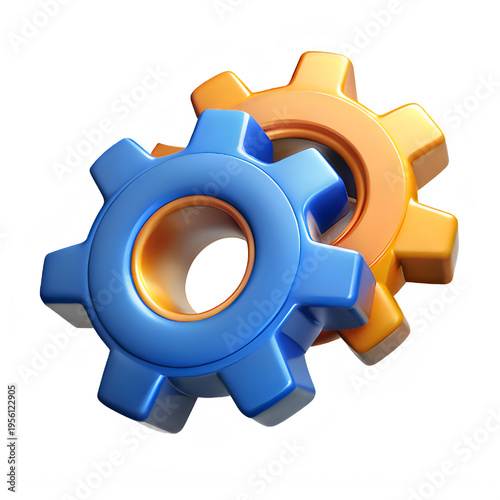 A pair of interlocking blue and orange gear wheels representing industrial mechanics and teamwork isolated on transparent background