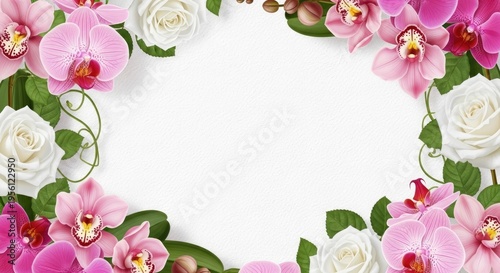 Vibrant floral border with pink orchids and white roses on a white background