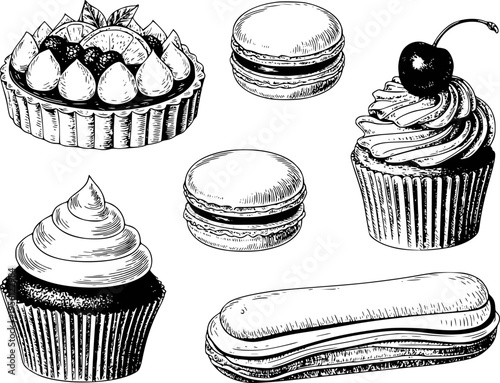 Hand Drawn Collection Of Delicious Desserts Including Tart Cupcakes Macarons And Eclair