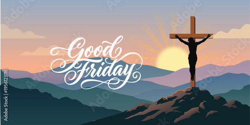 Three Christian Easter and Good Friday Holiday Crosses on Hill 