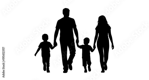 Black silhouette of a happy family consisting of a father mother and two young children walking Vector
