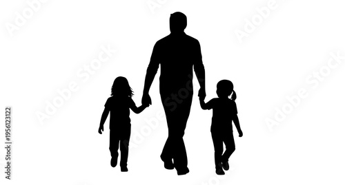 Black silhouette of a father walking hand in hand with his two young daughters during the day Vector