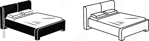 Black and white beds with pillows and headboards Vector