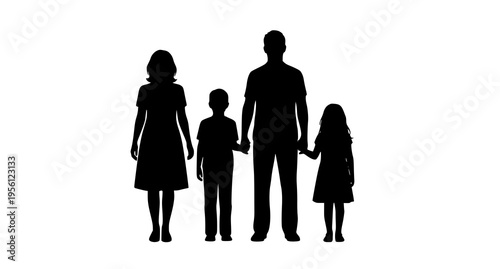 A black silhouette of a family consisting of a mother a father a young son and a young daughter Vector
