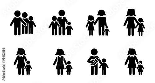 A collection of black silhouette icons depicting various family structures and parent child groups Vector