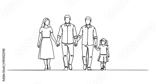 Continuous line drawing illustration of a modern family walking together hand in hand as a group Vector