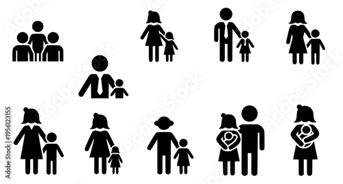 Collection of black silhouette icons representing diverse family units and parental relationships Vector