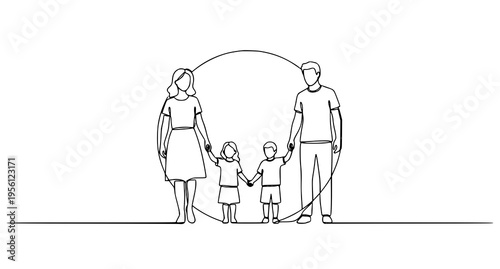 A single continuous line drawing of a happy family consisting of a father mother son and daughter Vector