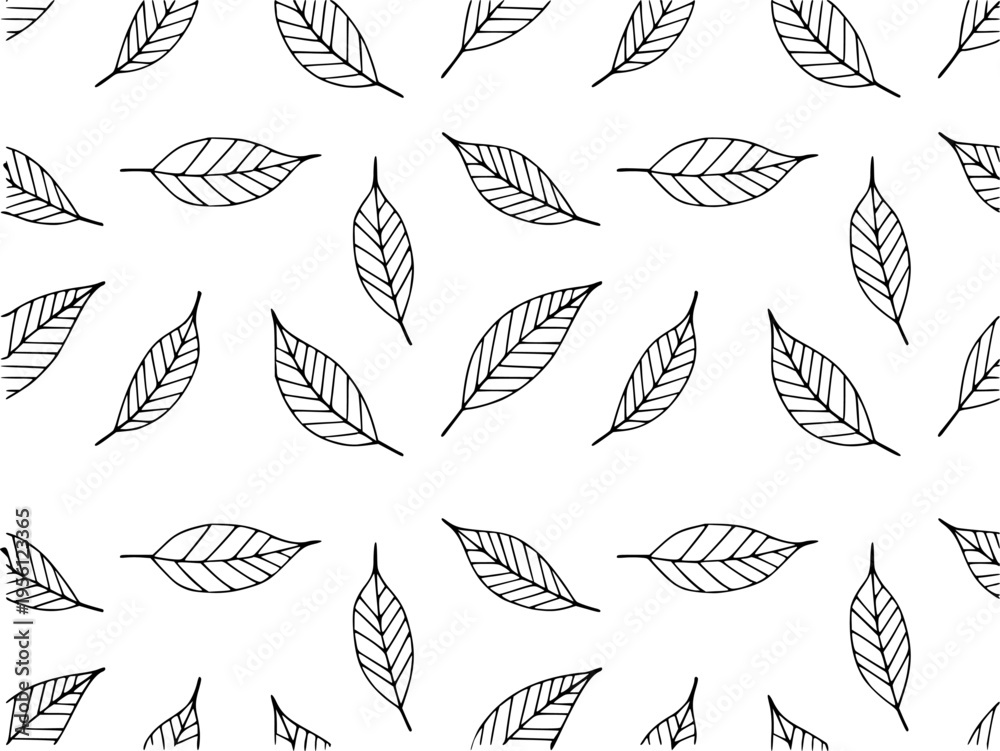 Fototapeta premium Simple Black Outline Leaves Pattern White Background Seamless Repeating leaf nature