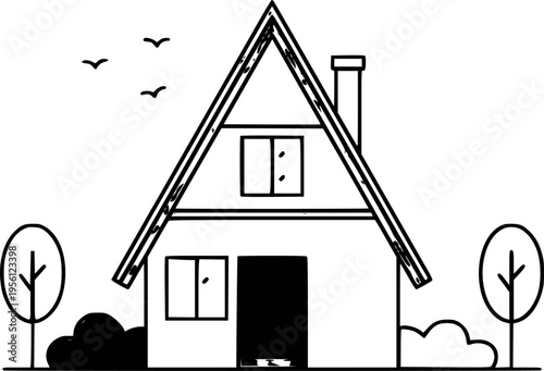 Simple line of a triangular roof house with chimney windows trees and birds in the sky