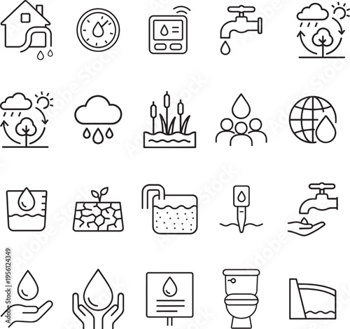 A collection of linear vector icons representing various aspects of water conservation and usage