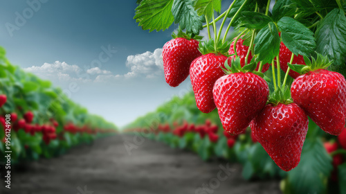 Ripe red strawberries hang from a plant in the foreground, with rows of strawberry plants fading into the distance against a blurred blue sky on a sunny day.
